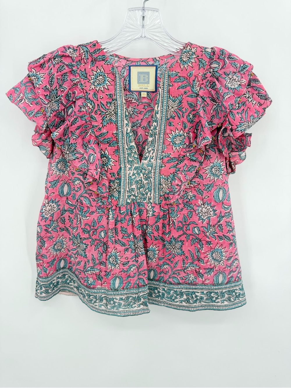 Bell by Alicia Bell Kiara Top Split Neck Silk Cotton Pink Blue Size XS